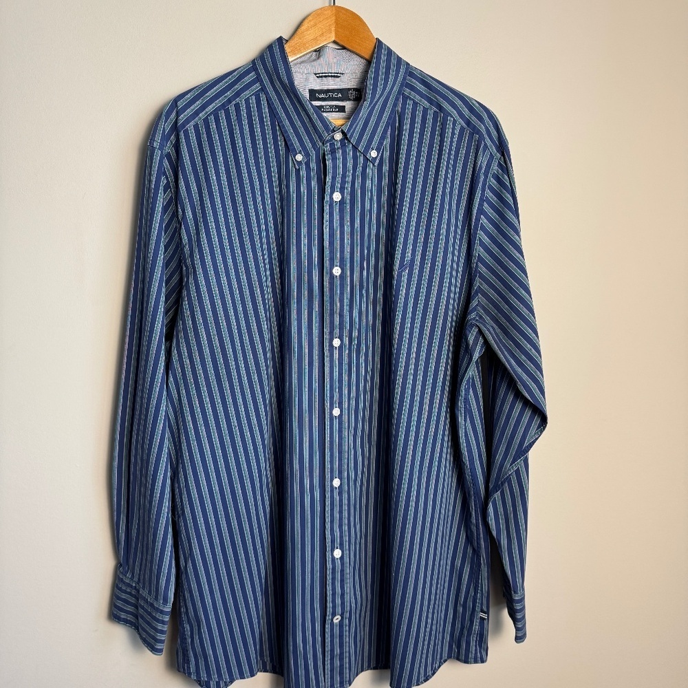Nautica Men's Long Sleeve Button Up Stripe Shirt Blue/Green‎ 2XL Office Casual
